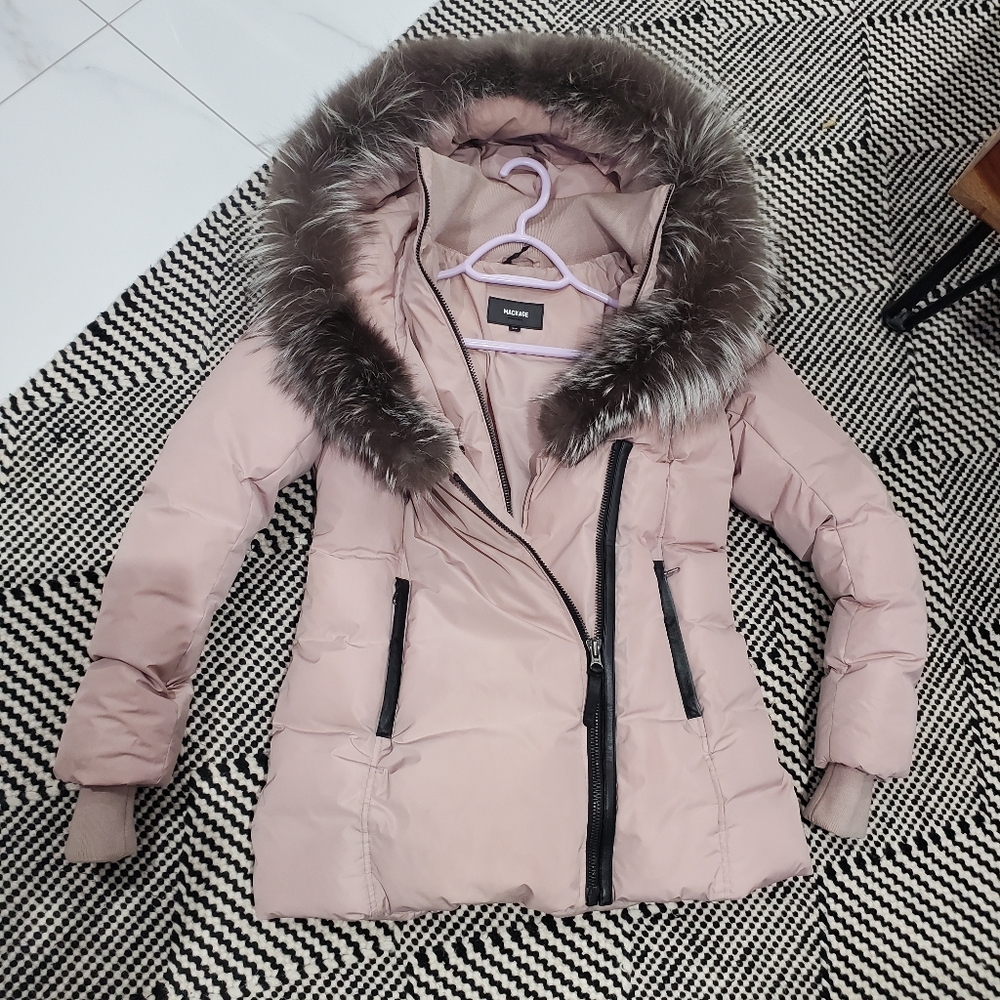MACKAGE Soft Pink Adali Silver Fox Fur Signature Collar Down Coat